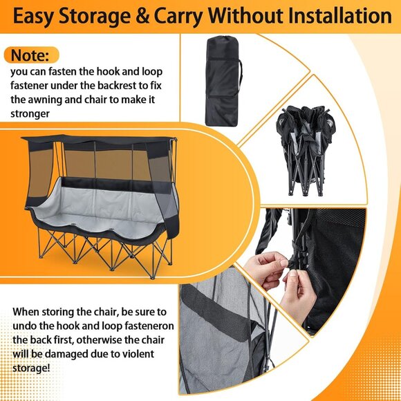 3 Person Camping Chair with Canopy Shade Fully Padded Folding Camping Beach Lawn - Picture 4 of 6